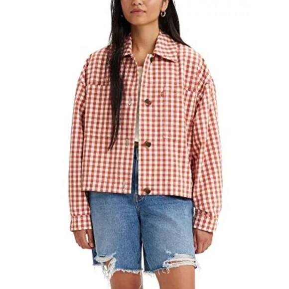 Levi’s Jacket Women's Lg Henrietta Check White Rust Cottagecore Farmhouse EUC - Picture 1 of 12
